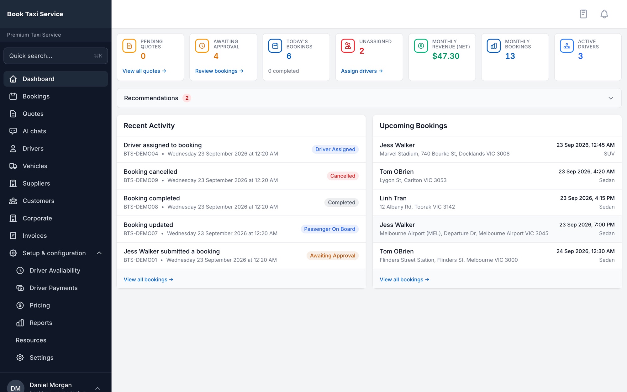 BookTaxiService operator dashboard showing pending quotes, bookings awaiting approval, unassigned jobs and upcoming bookings