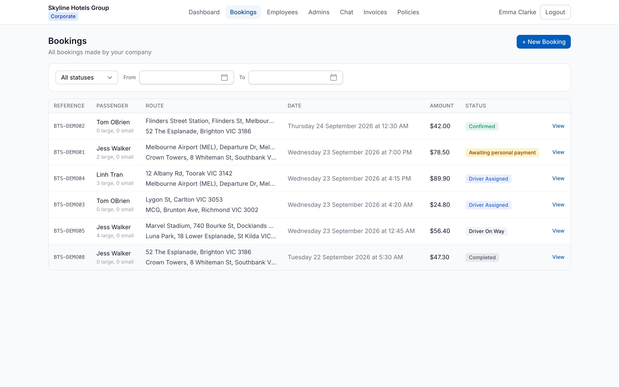 Corporate portal bookings list for a company account