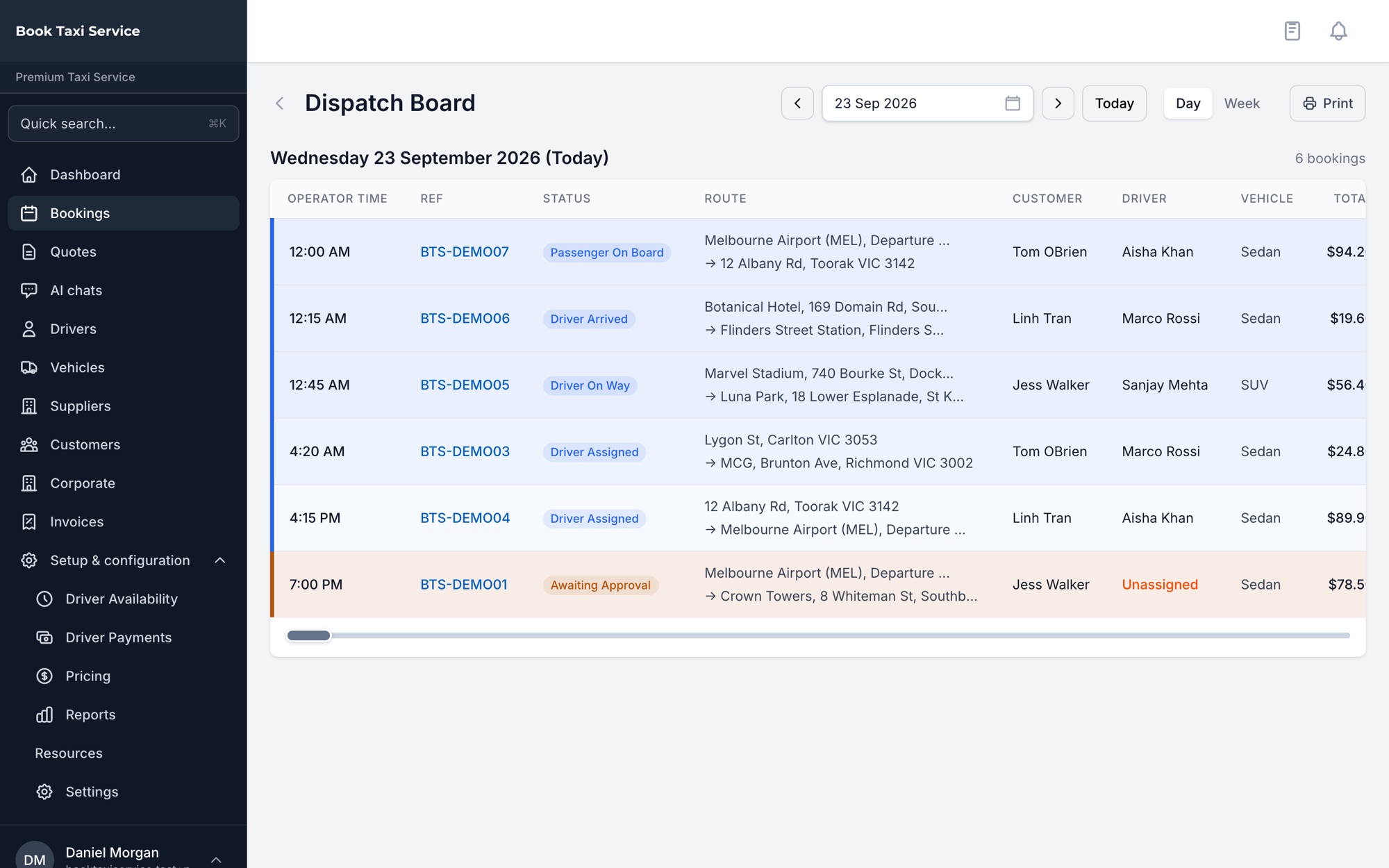 BookTaxiService dispatch board listing today's bookings with status, route, customer, driver and vehicle