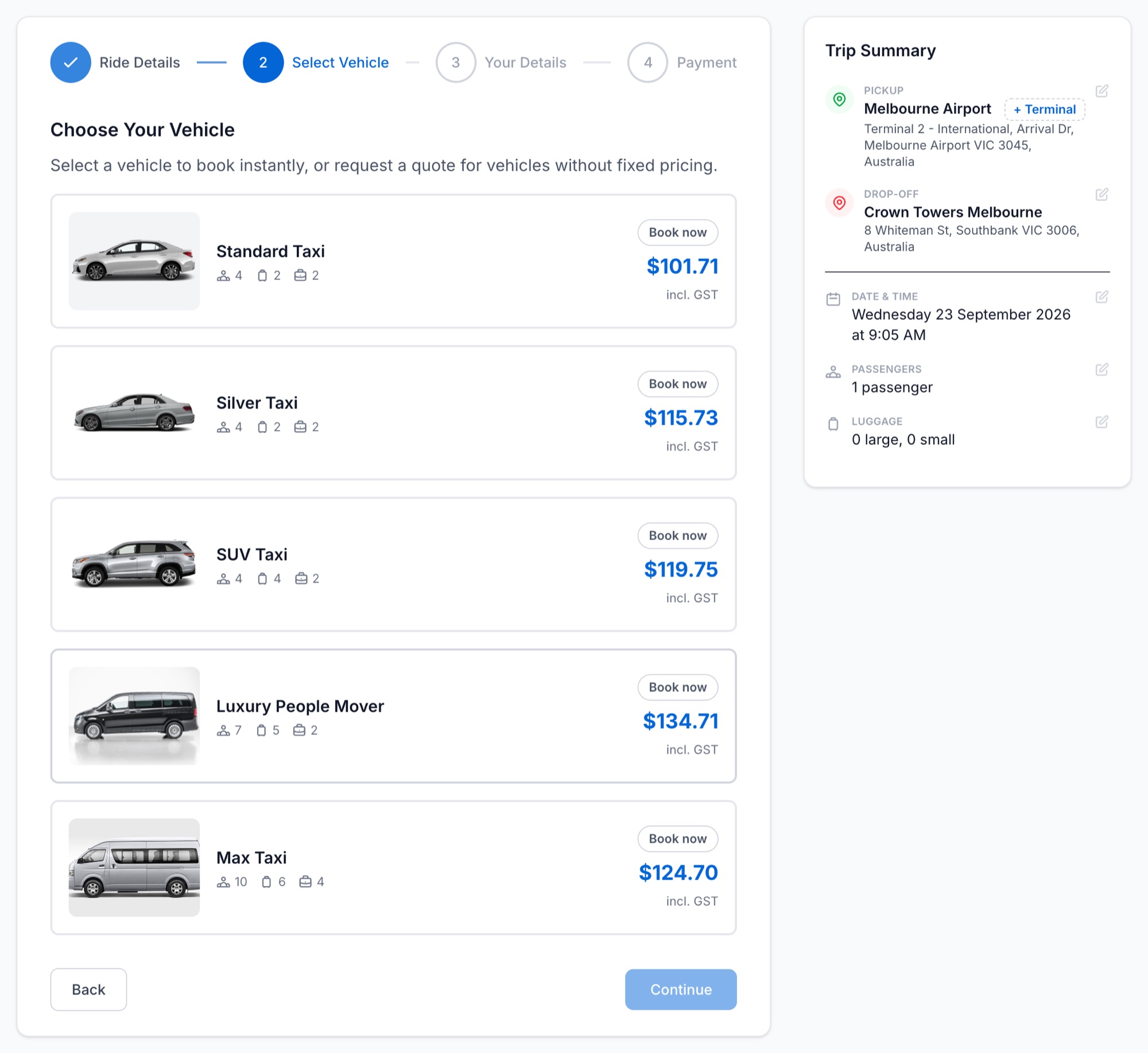 Premium Taxi Service booking form showing taxi options and fares for a Melbourne Airport trip